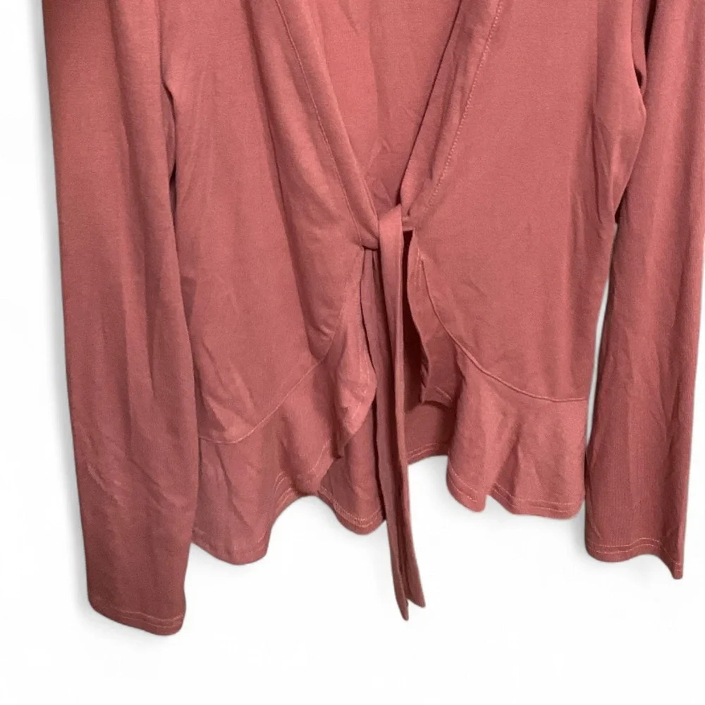 Women's Tie Front Knit Ruffled Long Sleeve Open Cardigan - Picture 3 of 13
